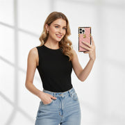 Woman holding a phone with a pink square case against a white background