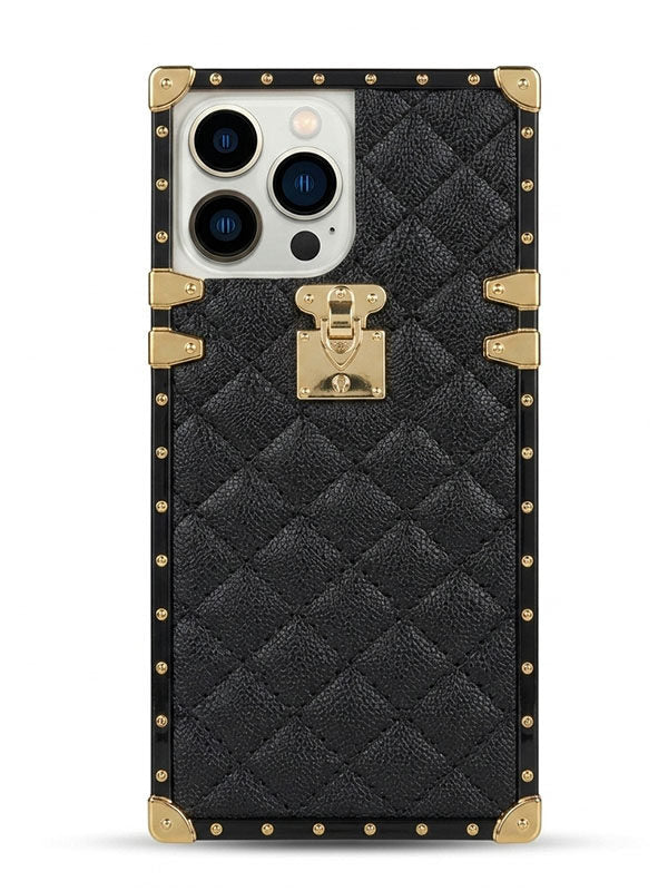 Black quilted square phone case with gold accents on a white background
