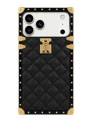 A luxury-style black phone case designed for a multi-camera smartphone, featuring a quilted leather texture, gold-tone metal studs, corner protectors, and a central padlock clasp, shown on a plain white background.