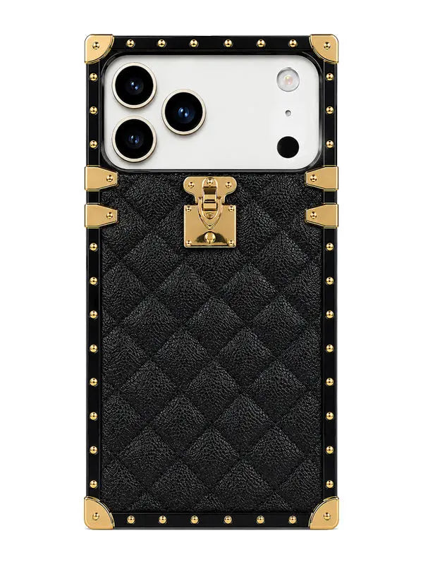 A luxury-style black phone case designed for a multi-camera smartphone, featuring a quilted leather texture, gold-tone metal studs, corner protectors, and a central padlock clasp, shown on a plain white background.