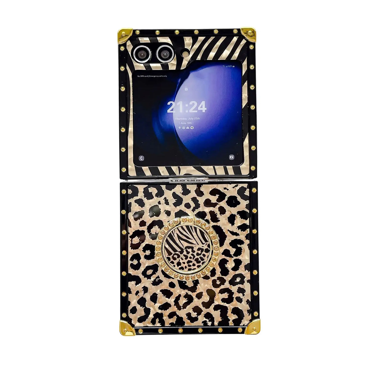 A luxury flip phone case with a black and beige leopard print design, gold-tone studs, and a central circular zebra print medallion, shown on a white background.