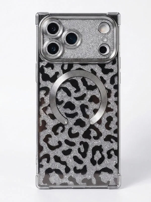 glitter Phone case with leopard print and magsafe on a white background