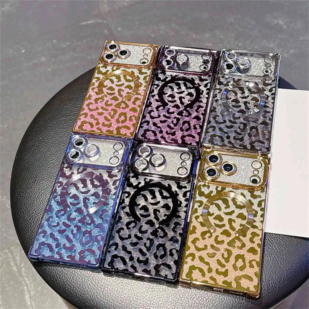 Collection of square leopard print phone cases on a dark surface