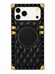 A luxury black quilted leather phone case with gold-tone metal studs, corner protectors, and a circular magnetic ring, shown on a white background.
