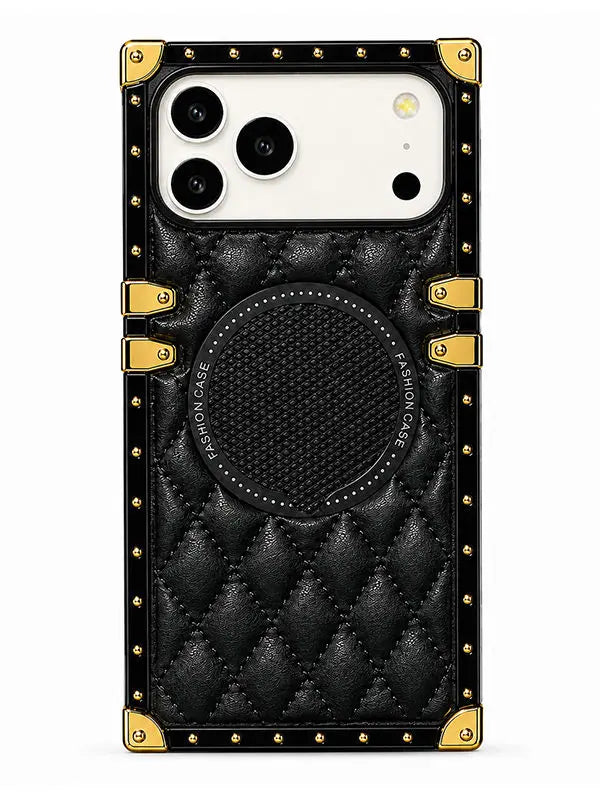 A luxury black quilted leather phone case with gold-tone metal studs, corner protectors, and a circular magnetic ring, shown on a white background.