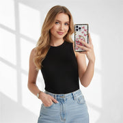 Woman holding a phone case with a butterfly design against a white background