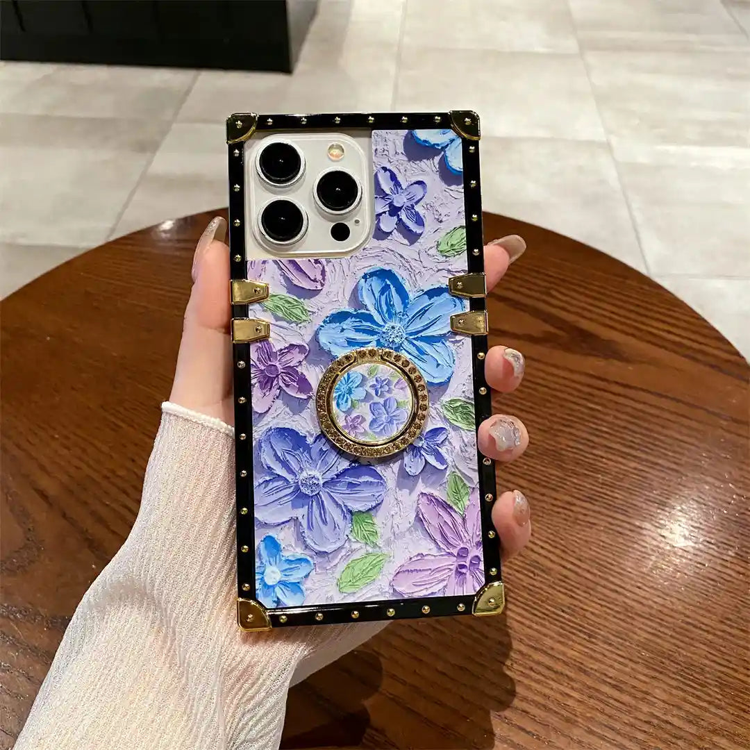 blue oil painting square trunk phone case in hand