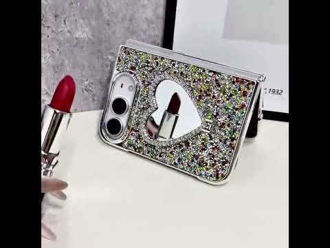 Sparkly iPhone Duo Case with Heart Mirror Stand Wrist Strap