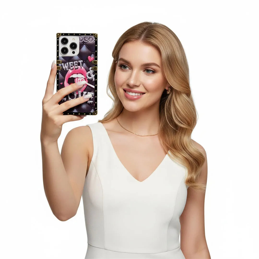 Woman holding a phone with a colorful case against a white background