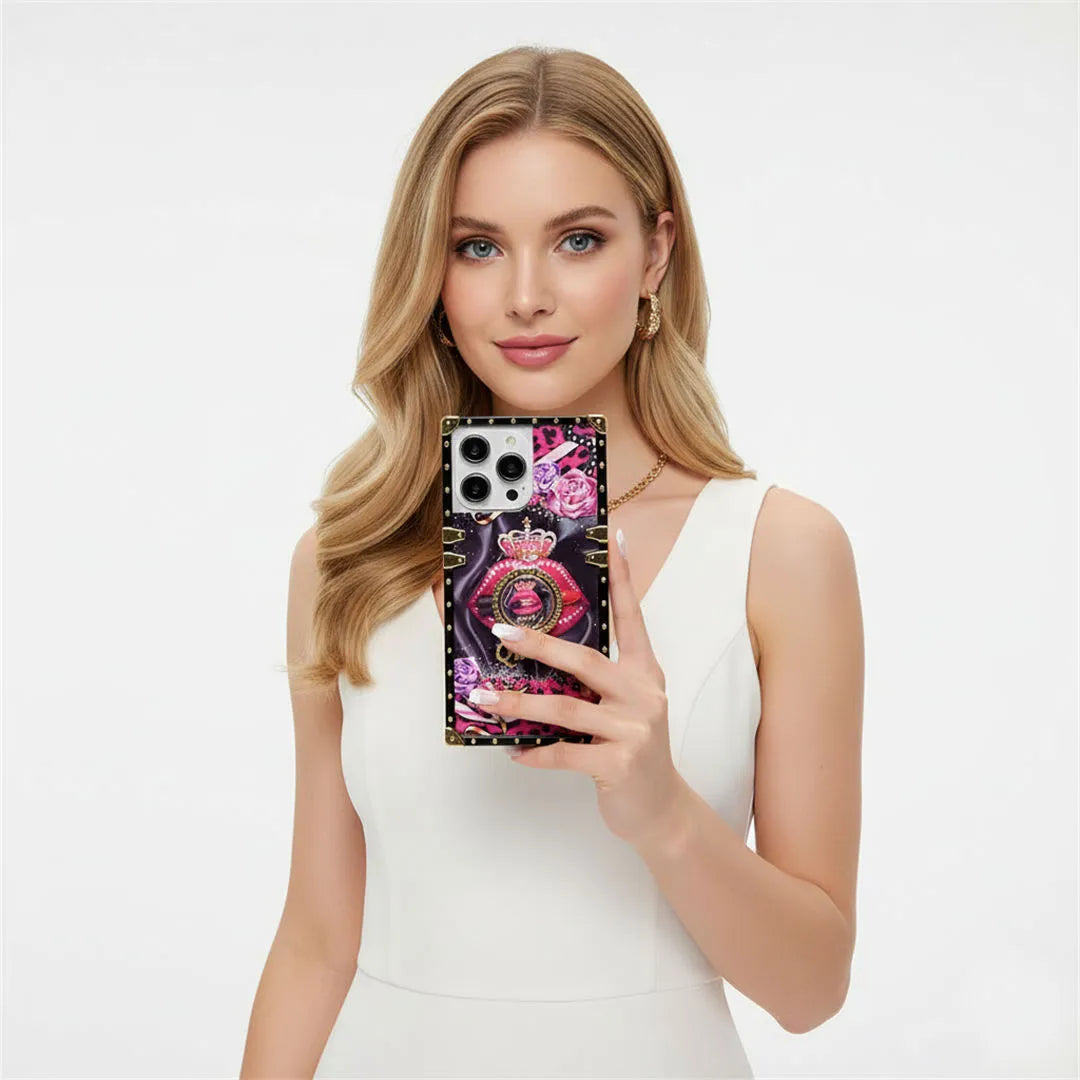 Woman holding a phone with a decorative case against a white background