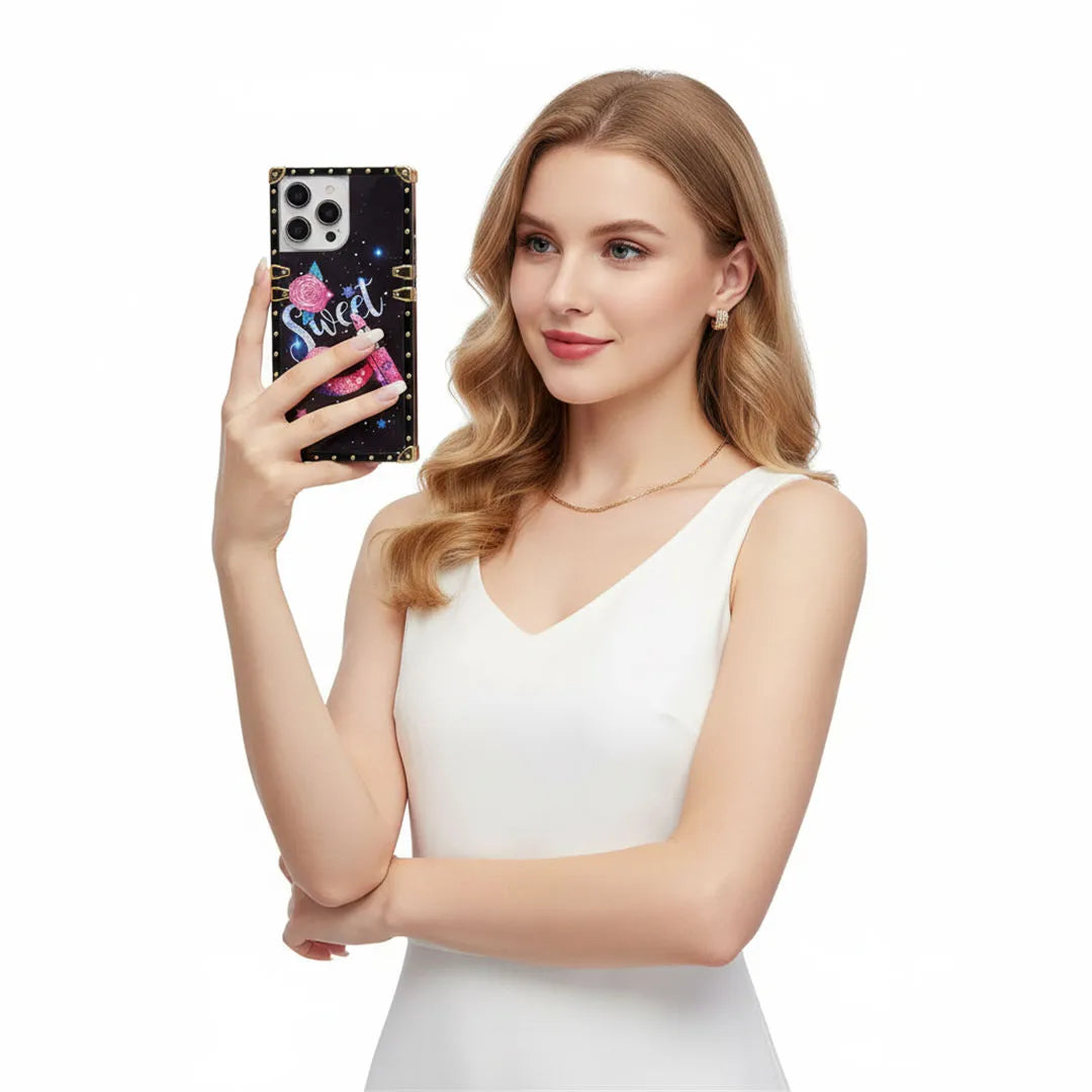 Woman holding a phone with a colorful case featuring the word 'Sweet'.