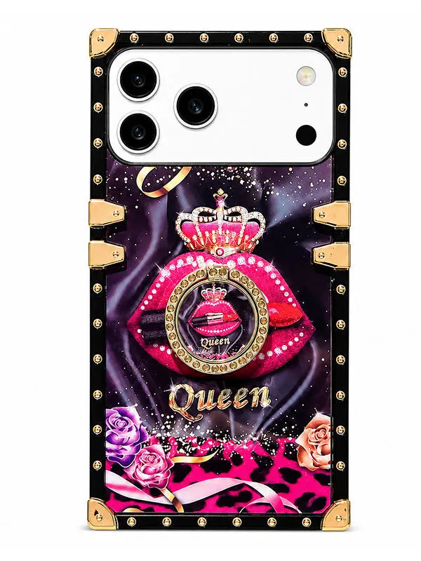 A protective phone case with a bold, glamorous 'Queen' theme. The design features a central graphic of pink lips under a gold crown, surrounded by rhinestones, with 'Queen' written in gold script.