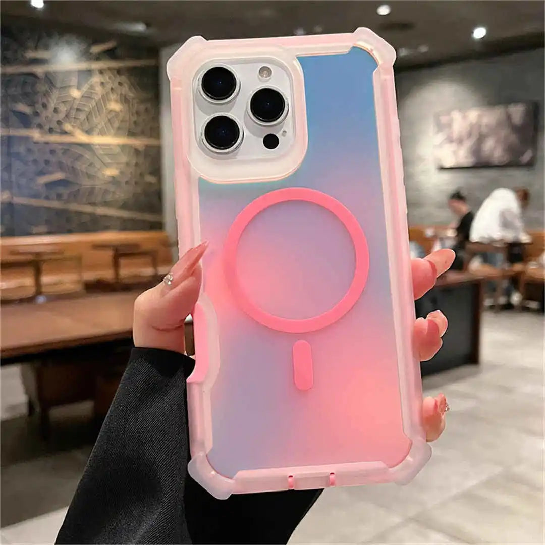 Gradient phone case with pink and blue colors held by a person in an indoor setting.