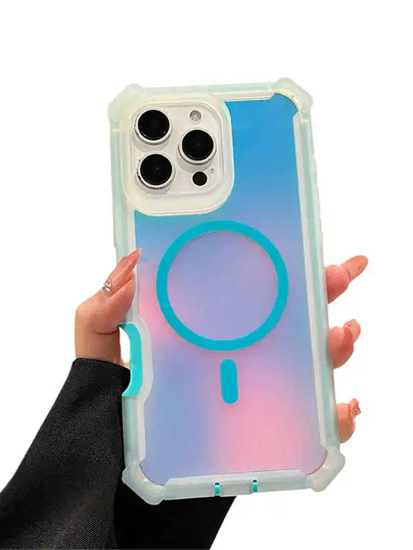 Gradient phone case with colorful design held by a hand on a white background