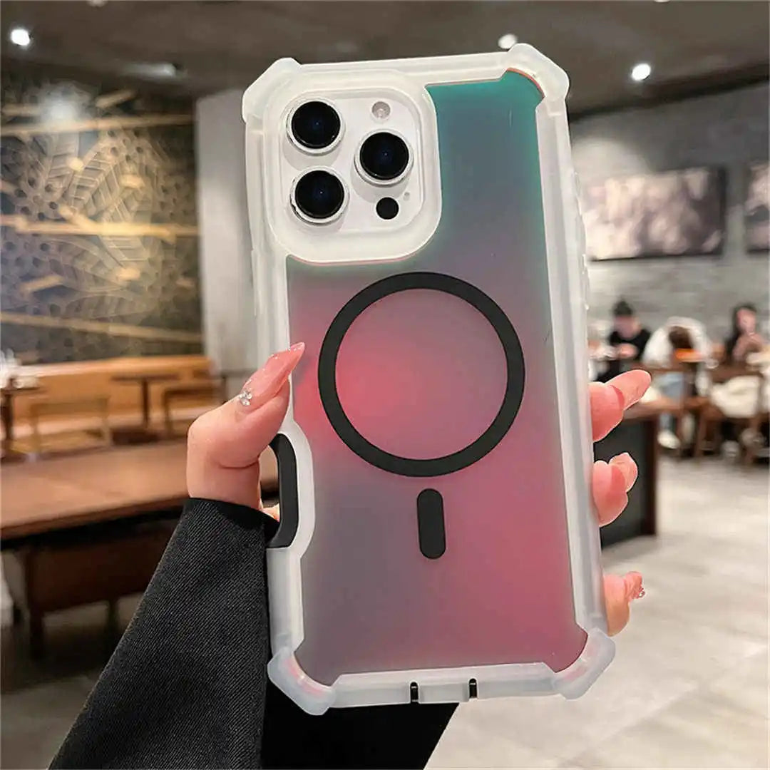 Gradient phone case with magnetic design held by a person in an indoor setting