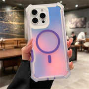 Phone case with gradient design held by a person in a restaurant setting