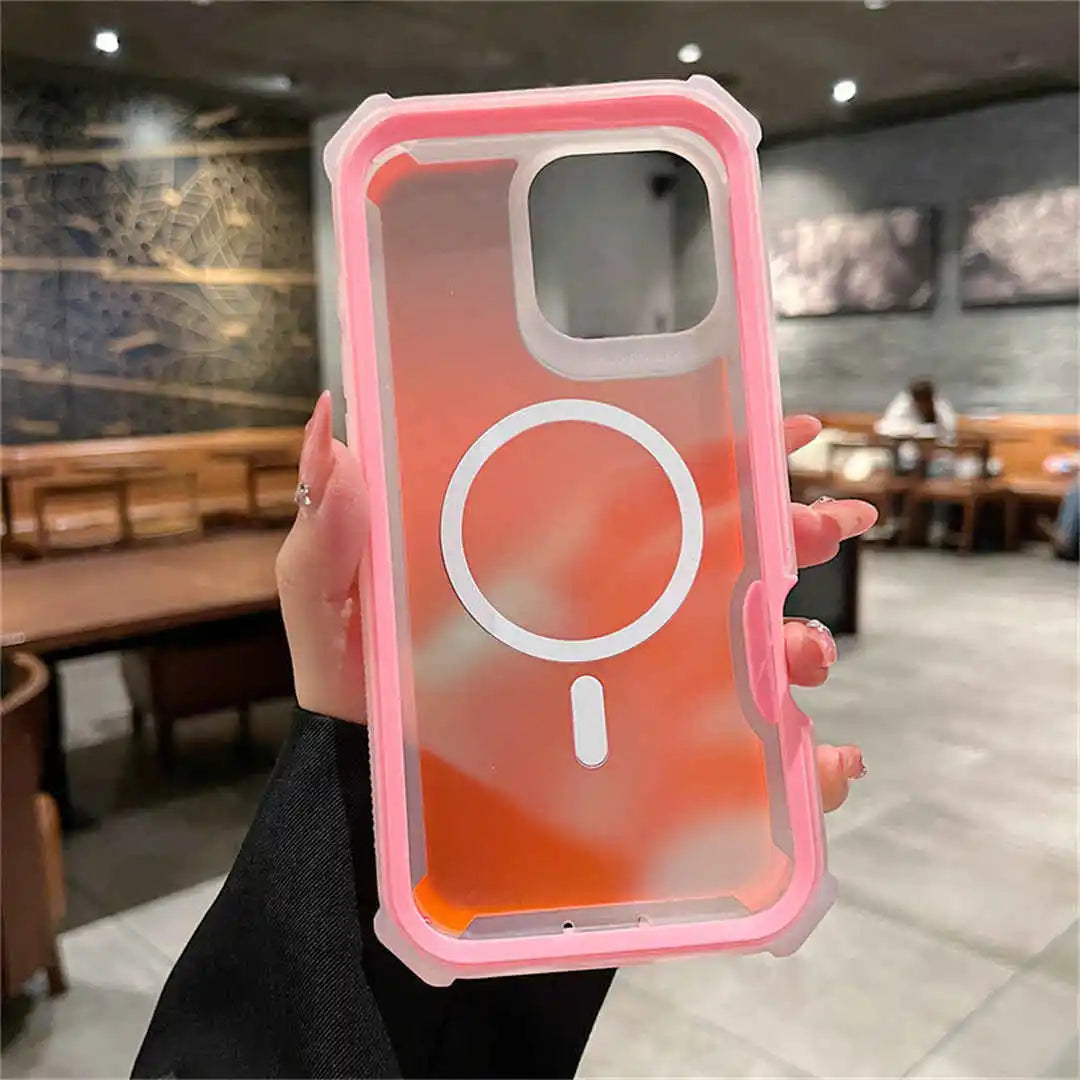 Phone case with a gradient design held by a person in an indoor setting
