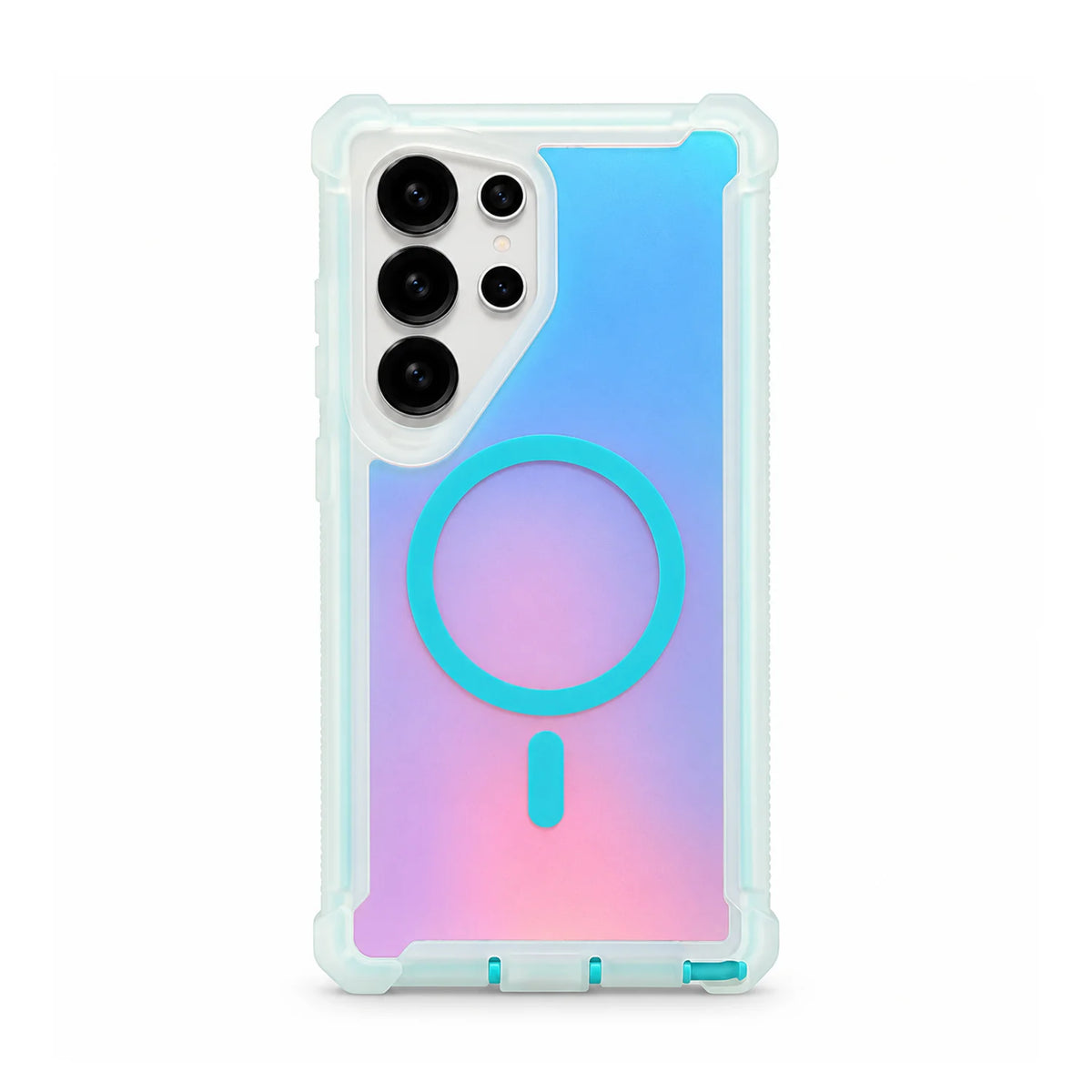 A protective phone case with a translucent light blue bumper and a back panel featuring a blue-to-pink gradient with a turquoise MagSafe ring, shown on a white background.