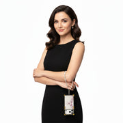 Woman holding a phone case with a white background