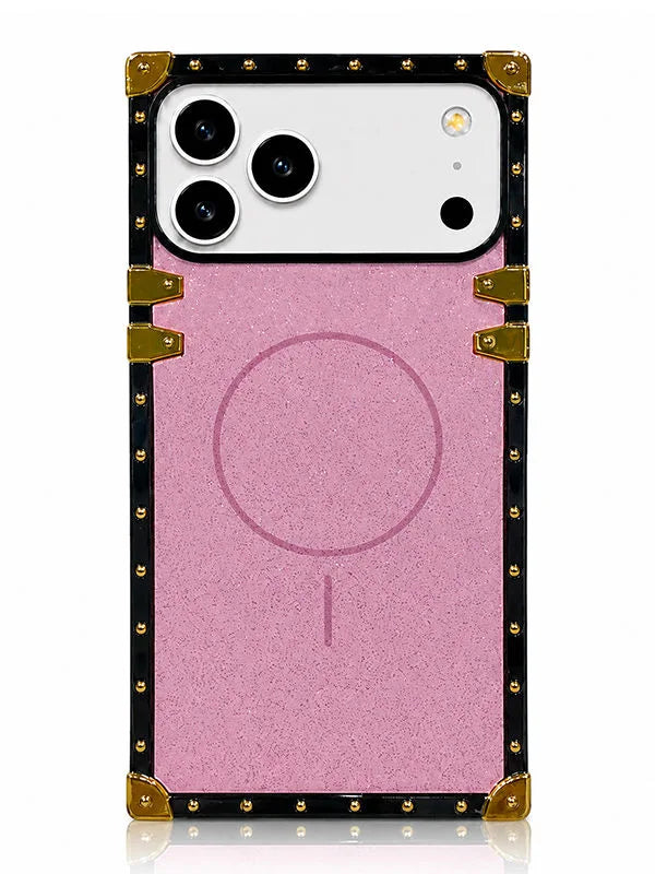 A pink textured phone case with a black border, gold corner protectors, and gold rivet details, shown on a white smartphone against a white background.