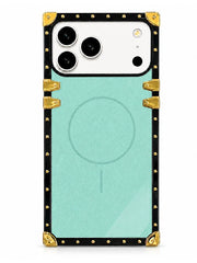 A protective phone case with a light mint green backplate and a black border decorated with gold rivets and corner protectors, shown on a white phone against a white background.