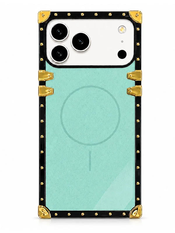 A protective phone case with a light mint green backplate and a black border decorated with gold rivets and corner protectors, shown on a white phone against a white background.
