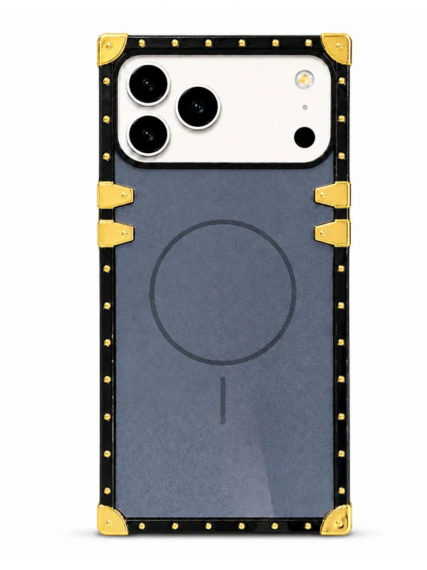 A protective phone case with a black border, gold corner protectors, and gold rivet details, shown on a white phone against a white background.