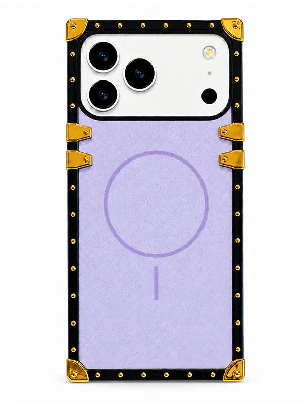 A protective phone case with a light purple backplate and a black border decorated with gold studs, corner protectors, and strap-like accents, shown on a white phone against a white background.
