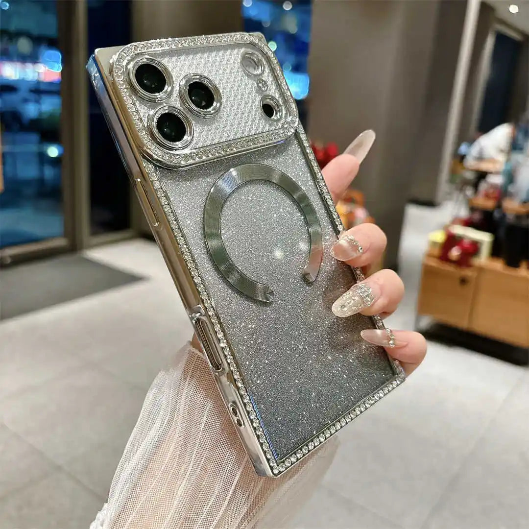 sparkly rectangle magsafe iPhone case silver