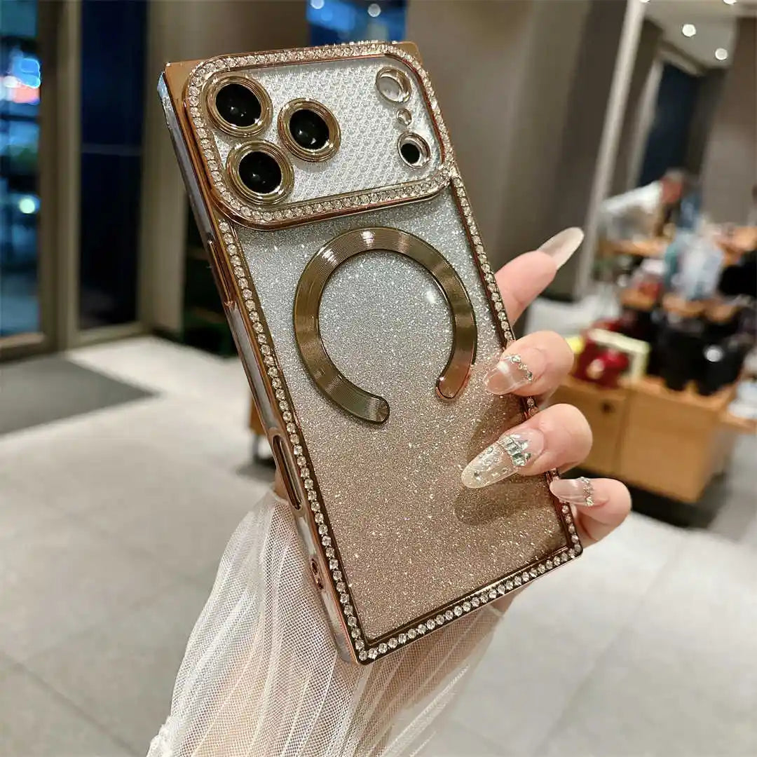 sparkly rectangle magsafe iPhone case gold