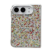 A protective phone case for a foldable iPhone Duo, covered in dense multicolor glitter with red, green, yellow, and white flecks over a silver base, shown on a white background.