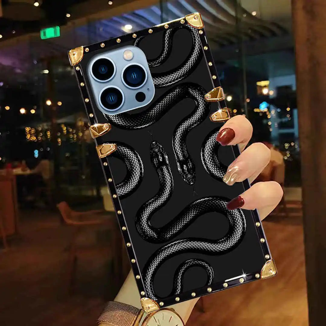 Black kingsnake square phone case in hand 