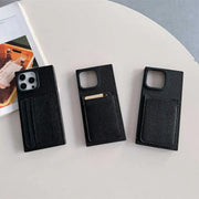 Three black Noir Card Square iPhone cases displaying the double side, single and double card-slot designs