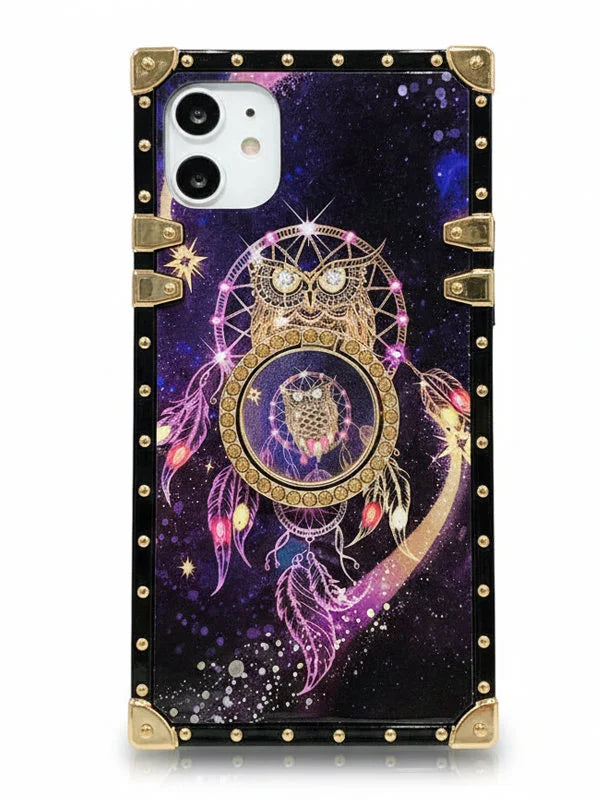 Phone case with owl and dreamcatcher design on a purple background