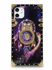 Phone case with owl and dreamcatcher design on a purple background