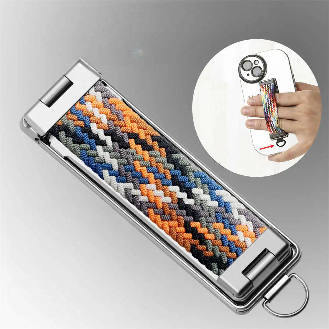 Multicolored braided phone strap with metal clip on a gray background