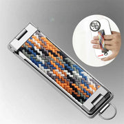 Multicolored braided phone strap with metal clip on a gray background