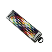 Multicolored braided strap with metal clip on a white background