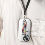 Phone case with colorful lanyard holder attached to a person's neck strap