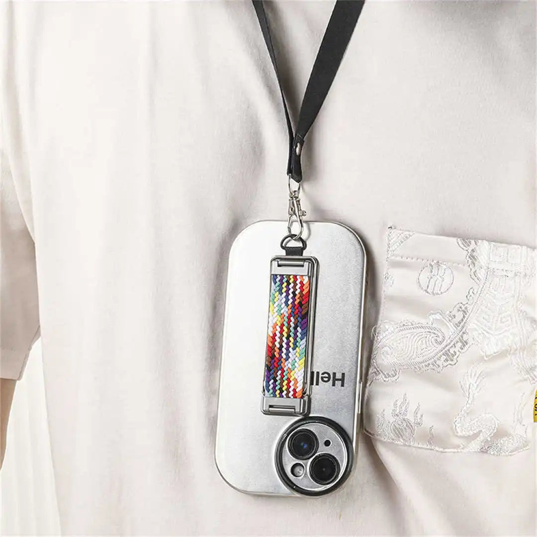 Phone case with colorful lanyard holder attached to a person's neck strap