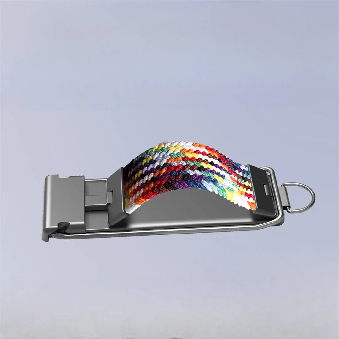 Colorful phone woven belt with a metal buckle on a light gray background