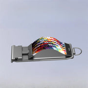 Colorful phone woven belt with a metal buckle on a light gray background