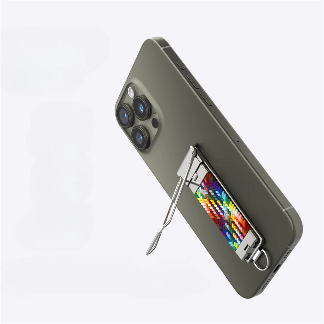 Green smartphone with a colorful adhesive strap on a white background