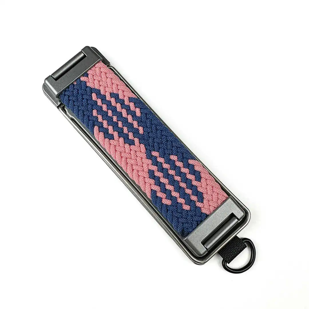finger loop with pink and blue patterned strap on a white background