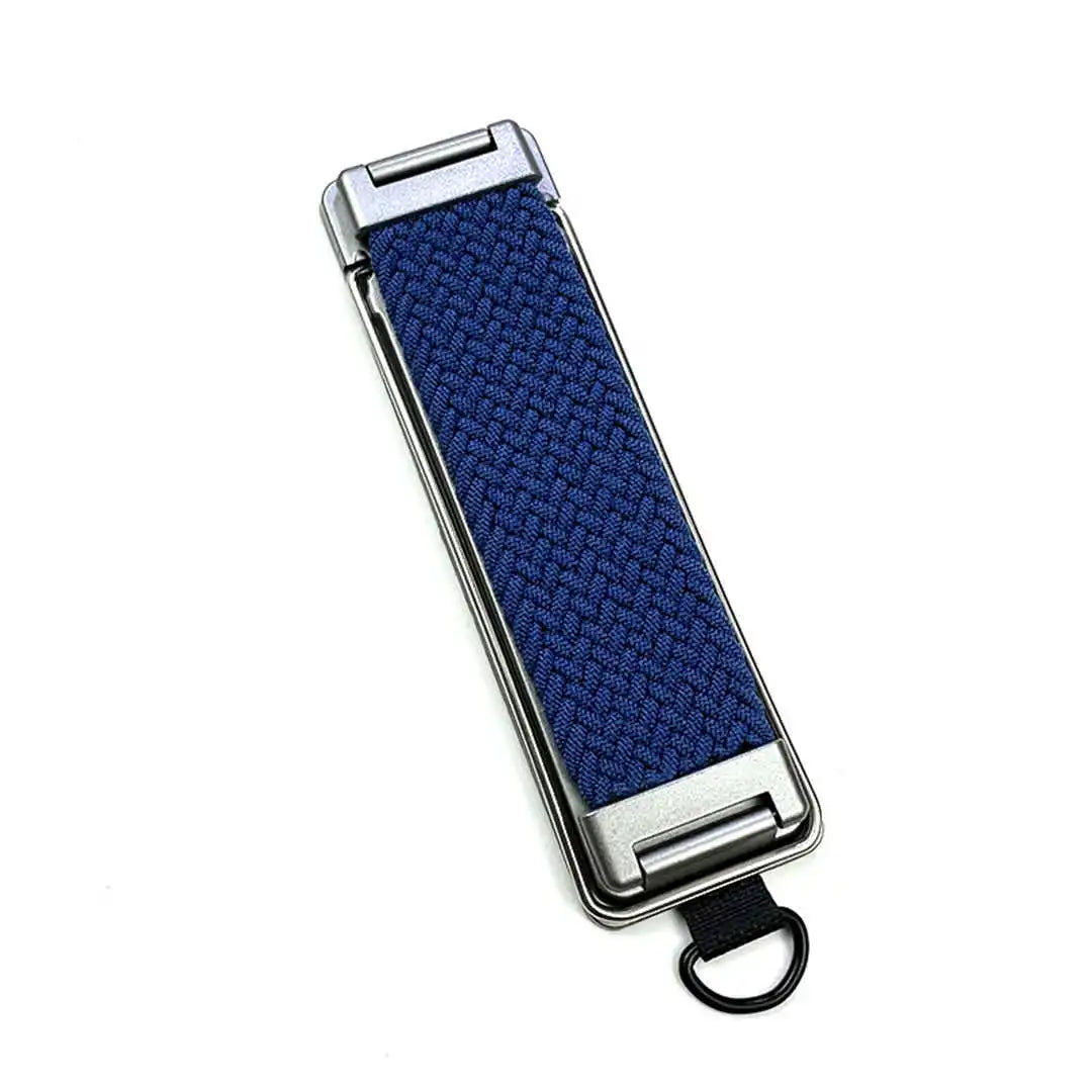 Blue woven strap with metal clasp on a white background