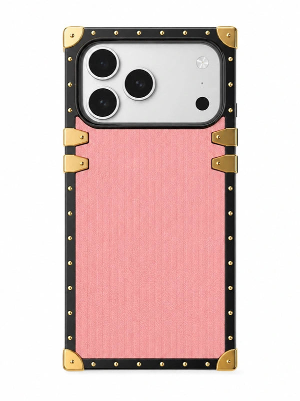 Square-trunk Phone case with pink back and gold accents on a white background