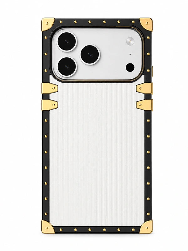 square Phone case with black and gold design on a white background