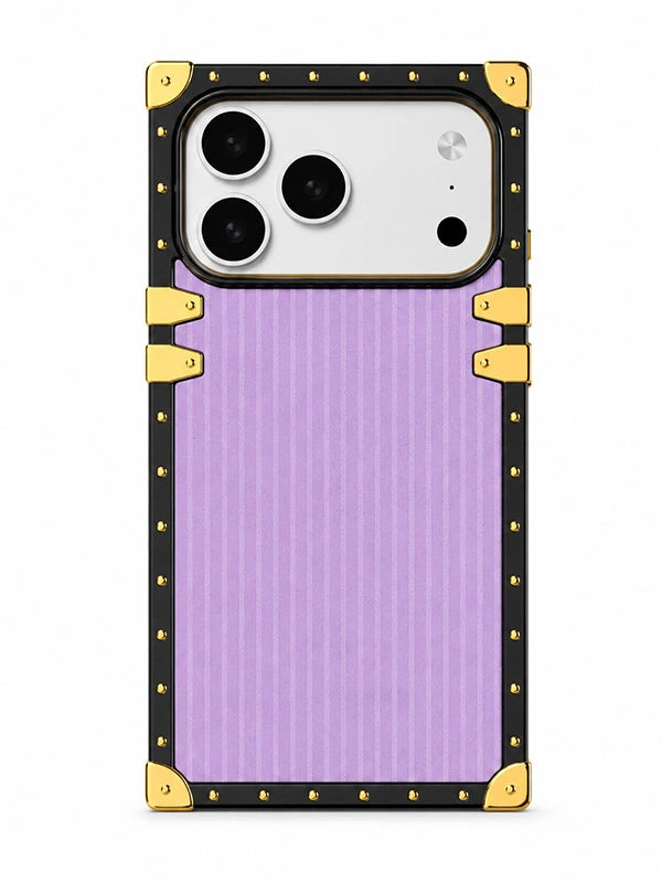 Phone case with purple back and gold accents on a white background