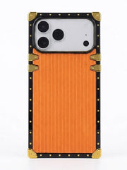 square Phone case with orange back and gold accents on a white background