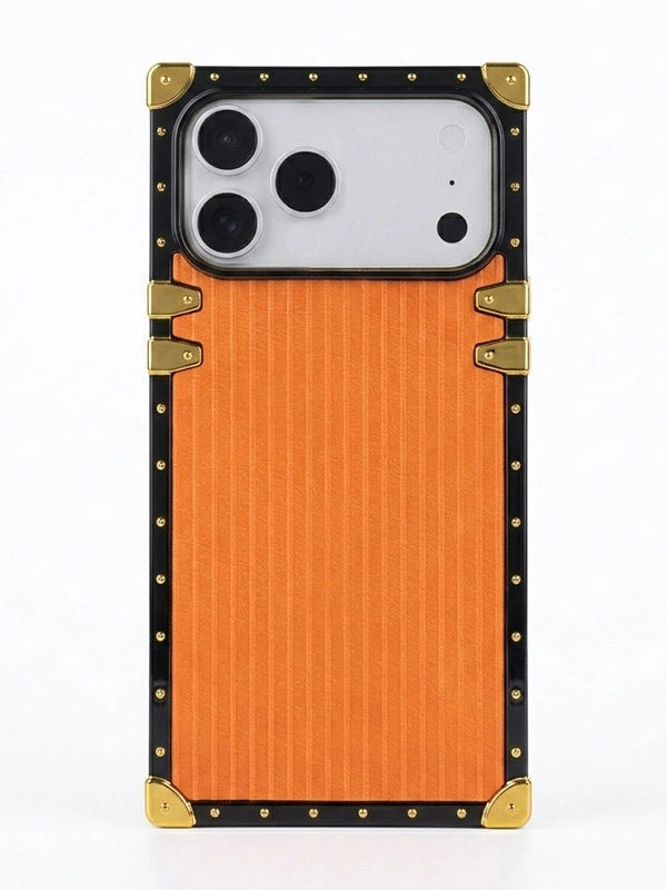square Phone case with orange back and gold accents on a white background